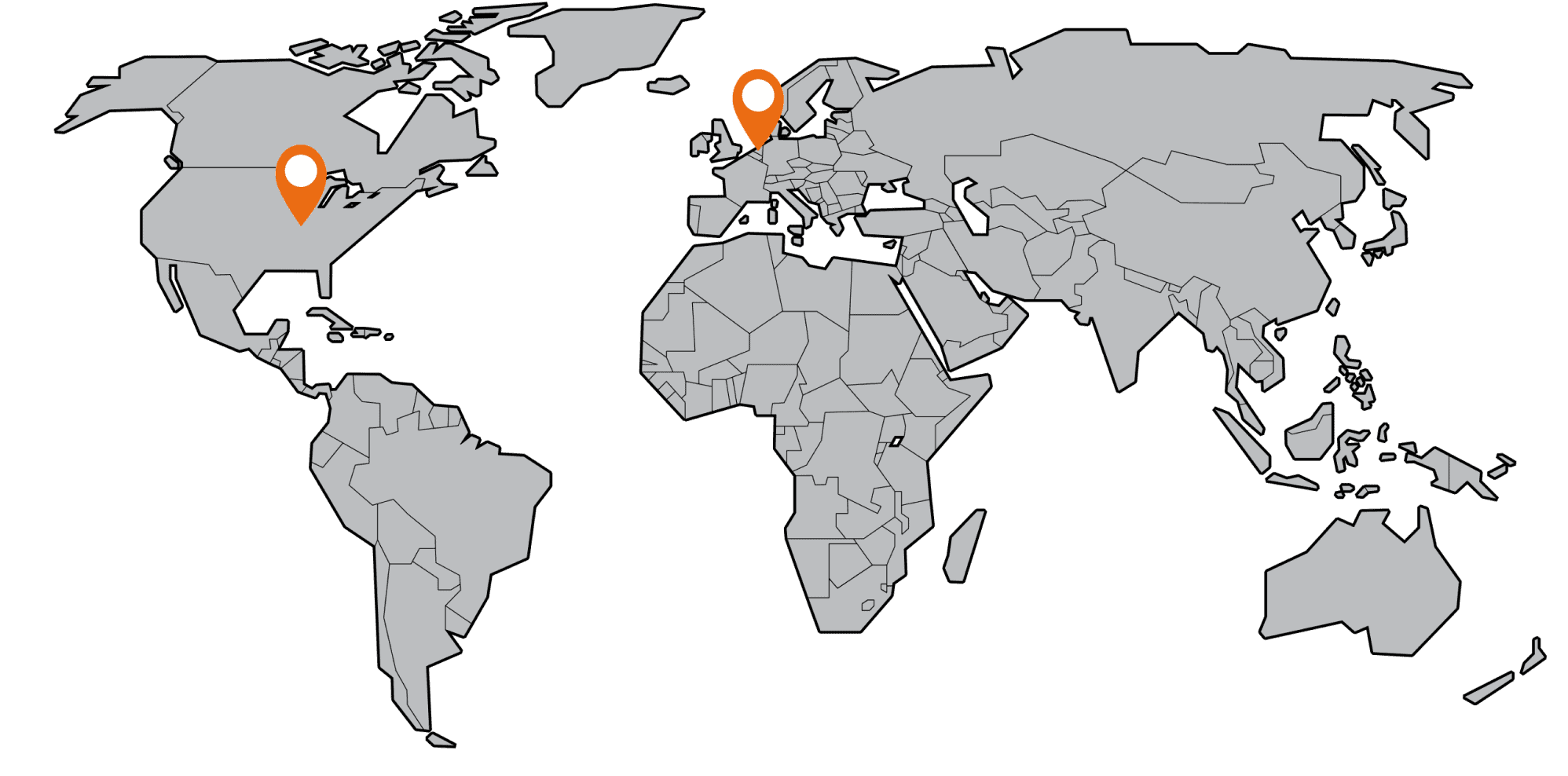 Mapa poboček CNC AutoDoor — Nijkerk (Nizozemsko) a Cascade (Iowa, USA)
